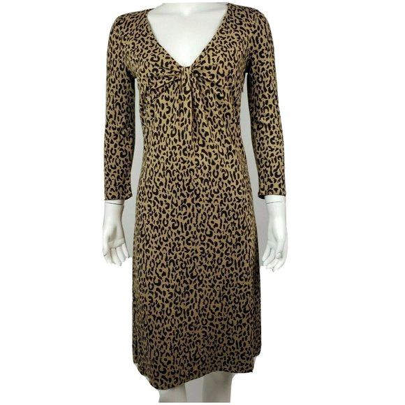 Ann Taylor Loft Dress Womens Size 4 Brown Leopard Animal Print 3/4 Sleeve - Picture 1 of 4